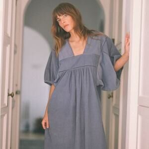 ST. ROCHE Lake Dress Midi Corduroy Puff Sleeves Oversized Slate Blue {R11}